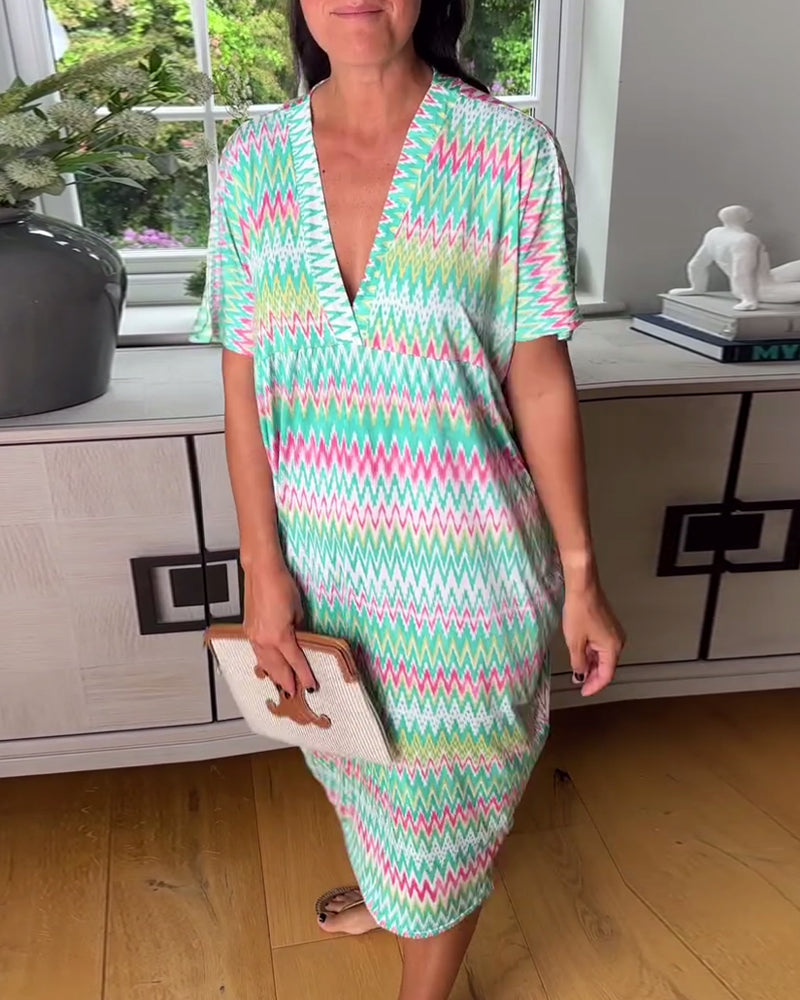 Kleid lässig Wellendruck Schlitz V-Ausschnitt