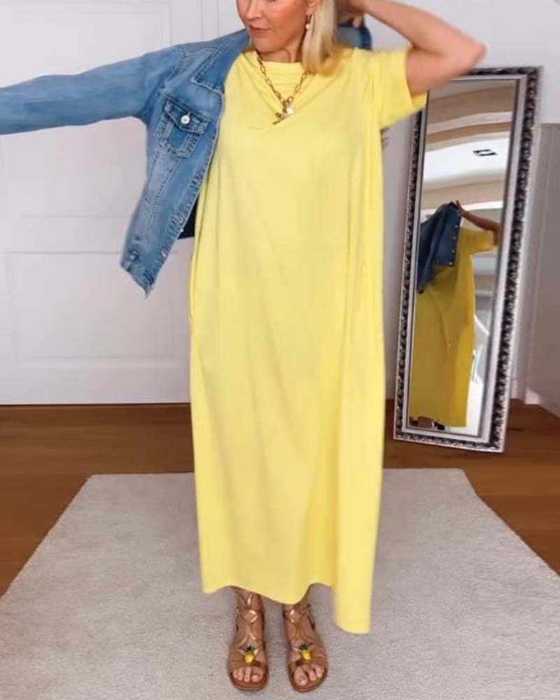 Kleid Casual Rundhals Uni-Farben Gerade