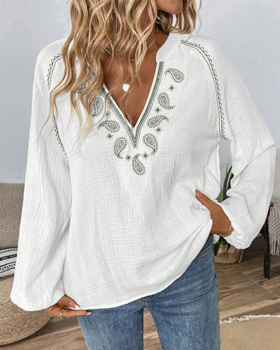 Bluse V-Ausschnitt Langarm Bedruckt Lässig