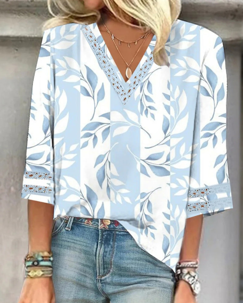 Bluse V-Ausschnitt Gedruckt Dreiviertelarm