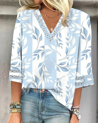 Bluse V-Ausschnitt Gedruckt Dreiviertelarm