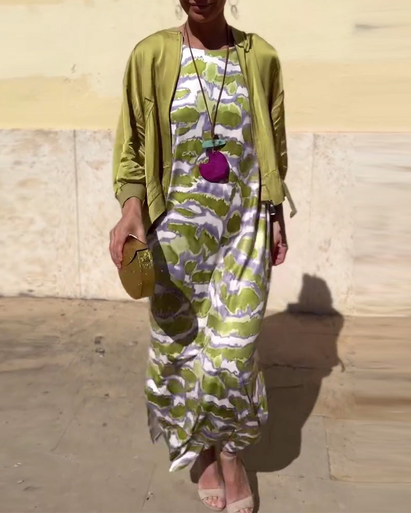 Set Ärmellos Gedrucktes Kleid Und Mantel