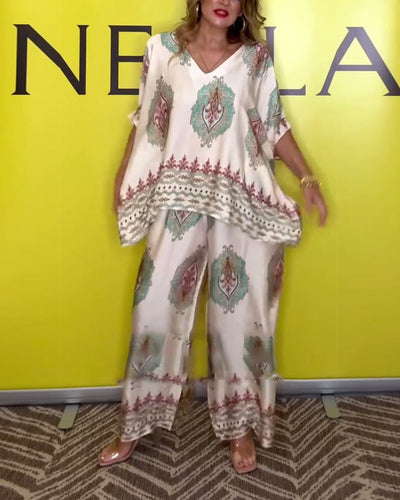 Set Temperamentvoll V-Ausschnitt Cashew-Blume Weitbein