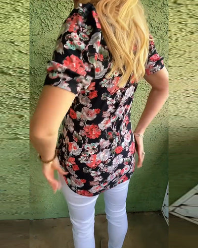 Bluse Rundhals Puffärmel Plissiert Blumenmuster