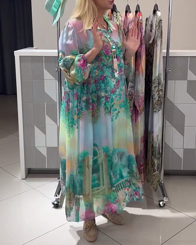 Kleid Laternenärmel Hemdkragen bedruckt lang