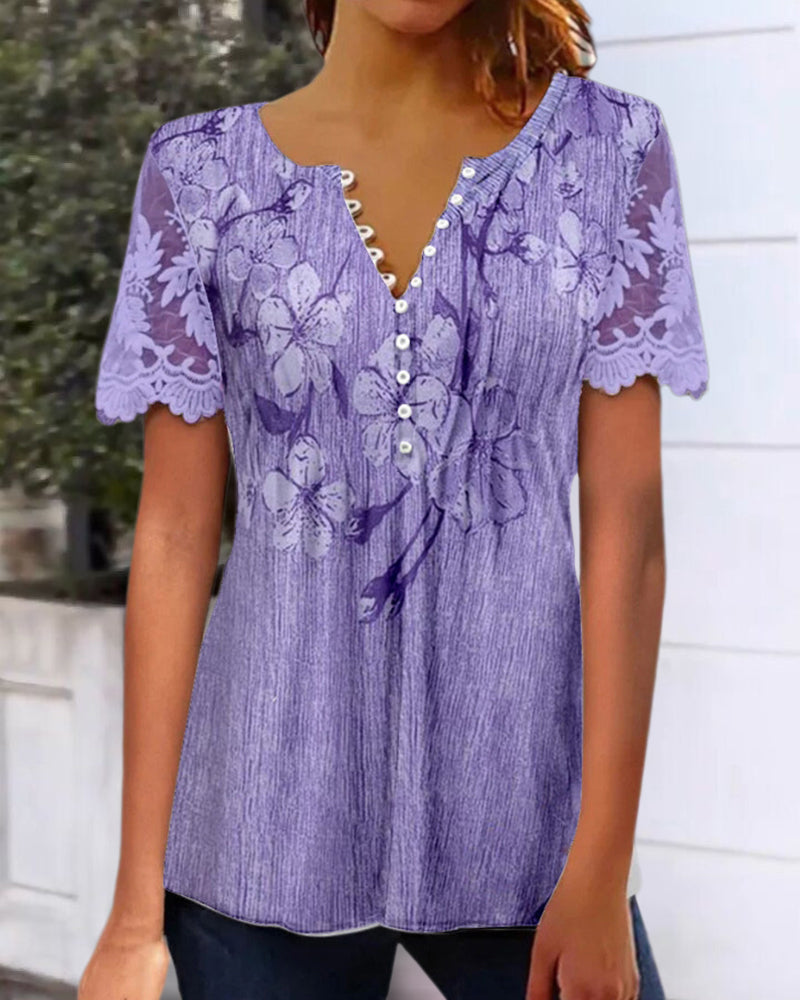 Bluse mit Spitzeneinsatz Rundhalsausschnitt bedruckt