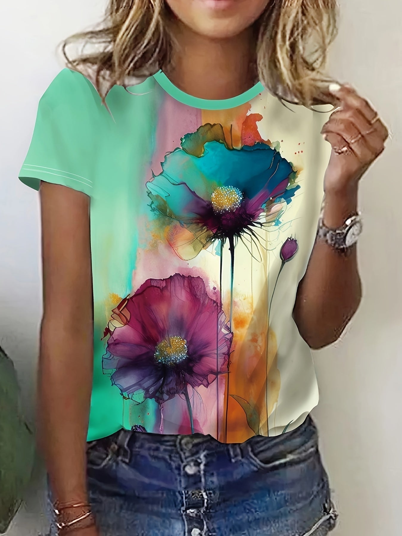 Heidi-Mode | Blumenprint Farbblock T-Shirt mit Kurzarm