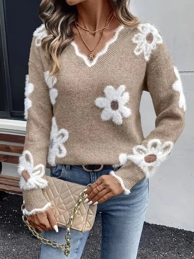 Melanira – Stilvoller Pullover Mit V-Ausschnitt Und Blumen Muster