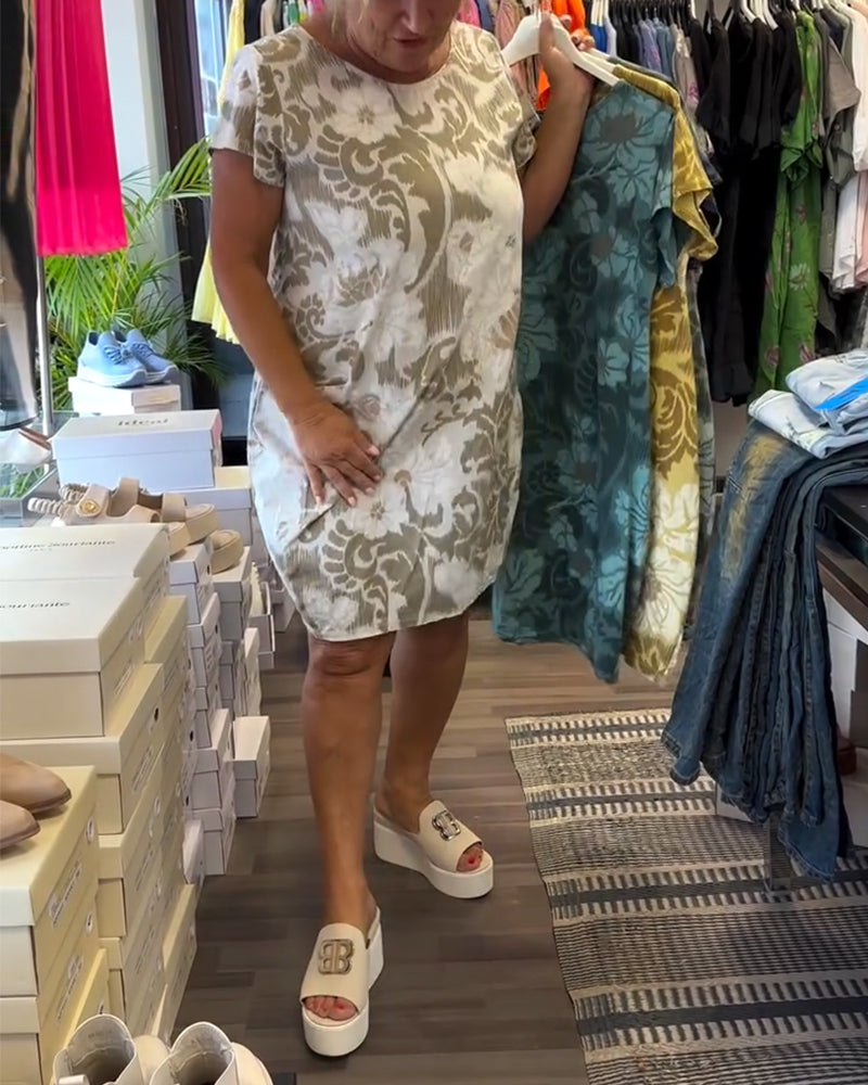 Kleid Rundhalsausschnitt Bedruckt Kurzärmelig Shift
