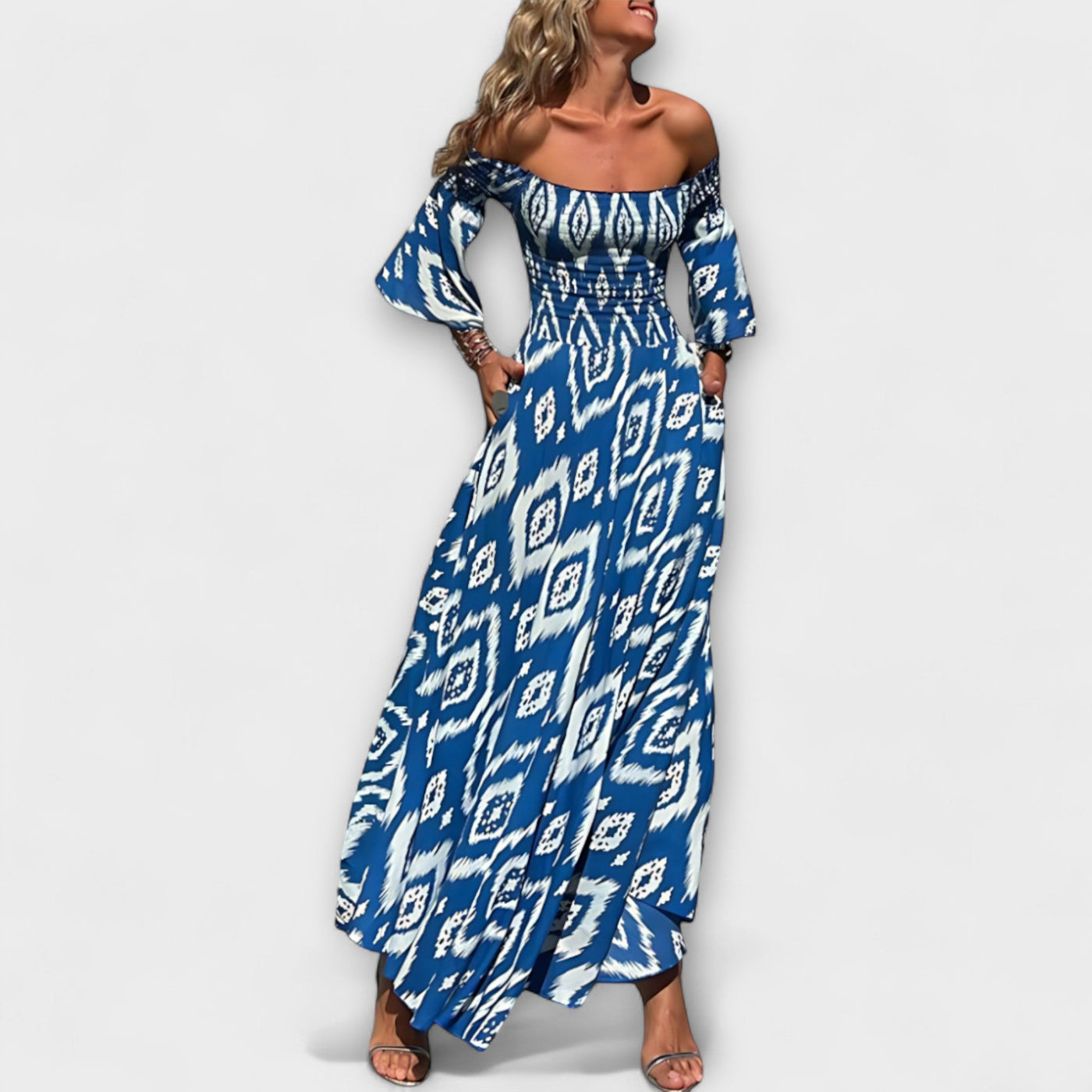 Bella - Off-Shoulder Kleid mit Blumenmuster in Ozeanfarben