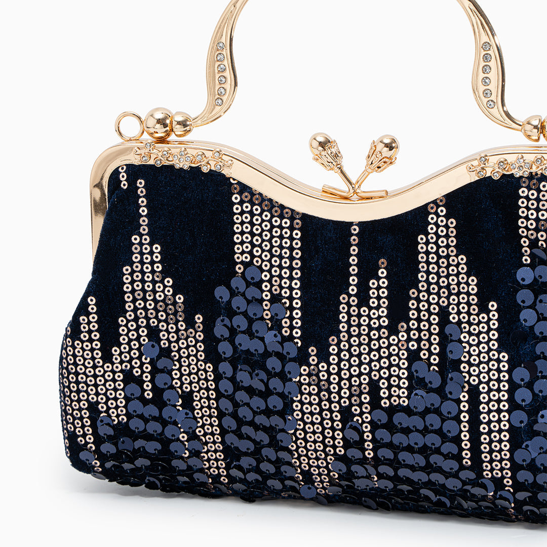 Alyannah | Navyblaue Samt-Clutch mit goldenen Pailletten & verziertem Griff – Elegante Abendtasche für Damen