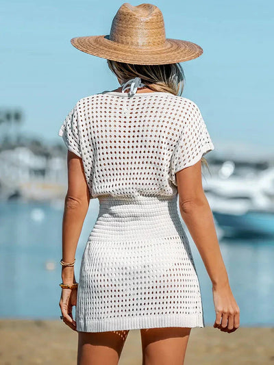 Damen Strandkleid Häkel Maxi V-Ausschnitt Sommer Boho