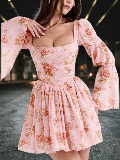 Aurexé | Festliches Damenkleid mit Puffärmeln und floralem Muster, quadratischer Ausschnitt, ausgestellter Rock