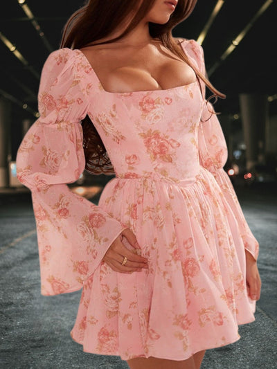 Aurexé | Festliches Damenkleid mit Puffärmeln und floralem Muster, quadratischer Ausschnitt, ausgestellter Rock