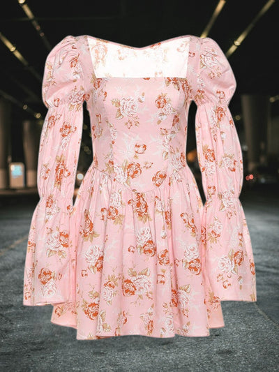 Aurexé | Festliches Damenkleid mit Puffärmeln und floralem Muster, quadratischer Ausschnitt, ausgestellter Rock