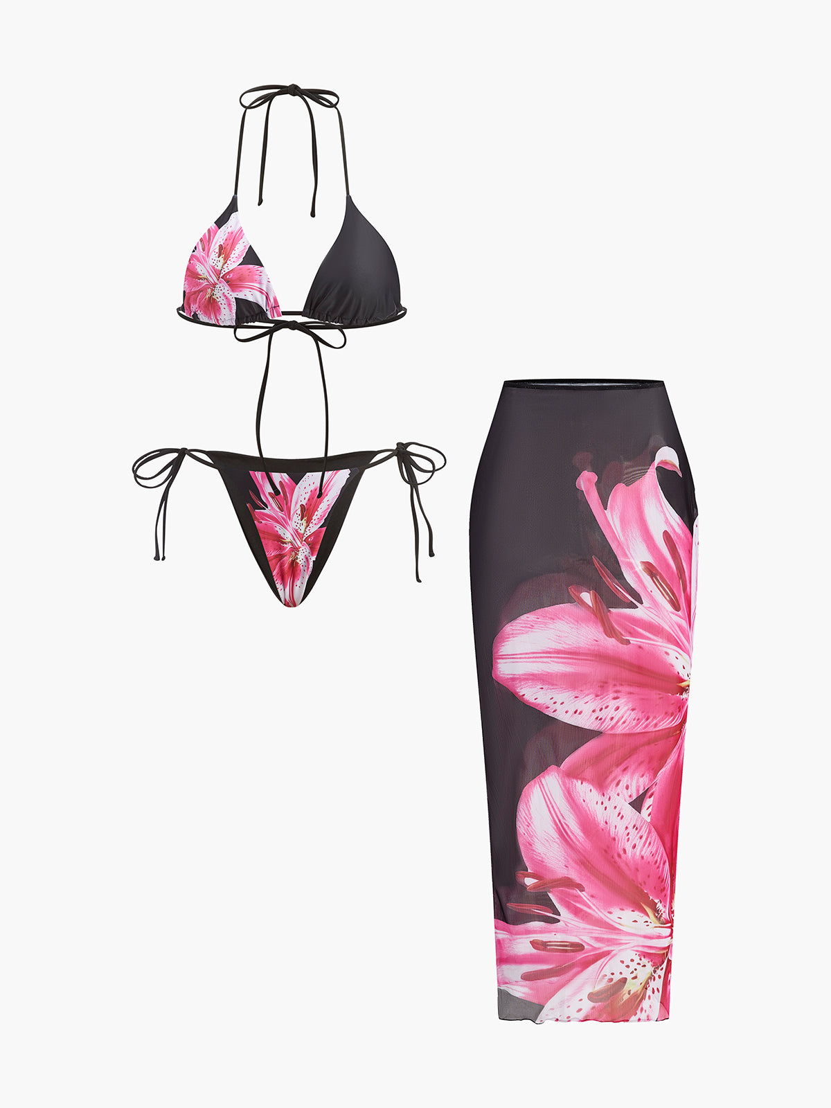 3-teiliges Blumen-Bikini-Set mit Mesh-Rock – Modische Bademode