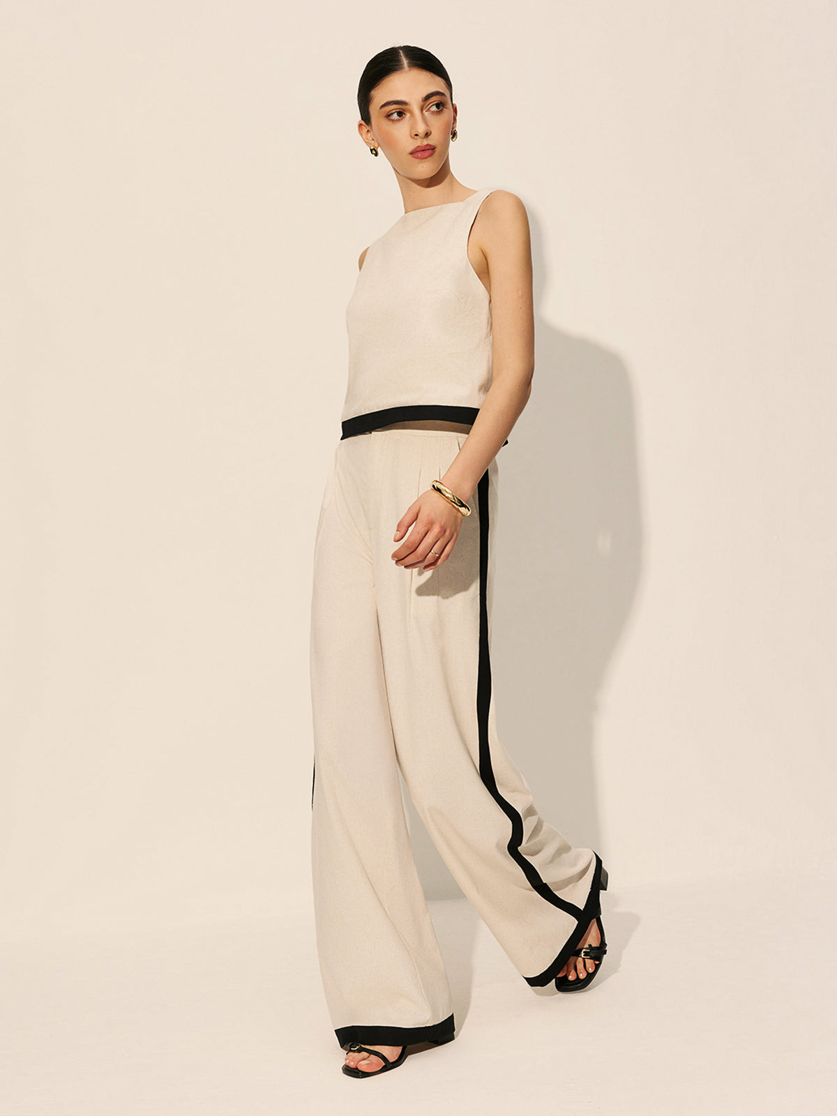 Leinen-Baumwoll Hose mit Kontrastnaht und Reißverschluss