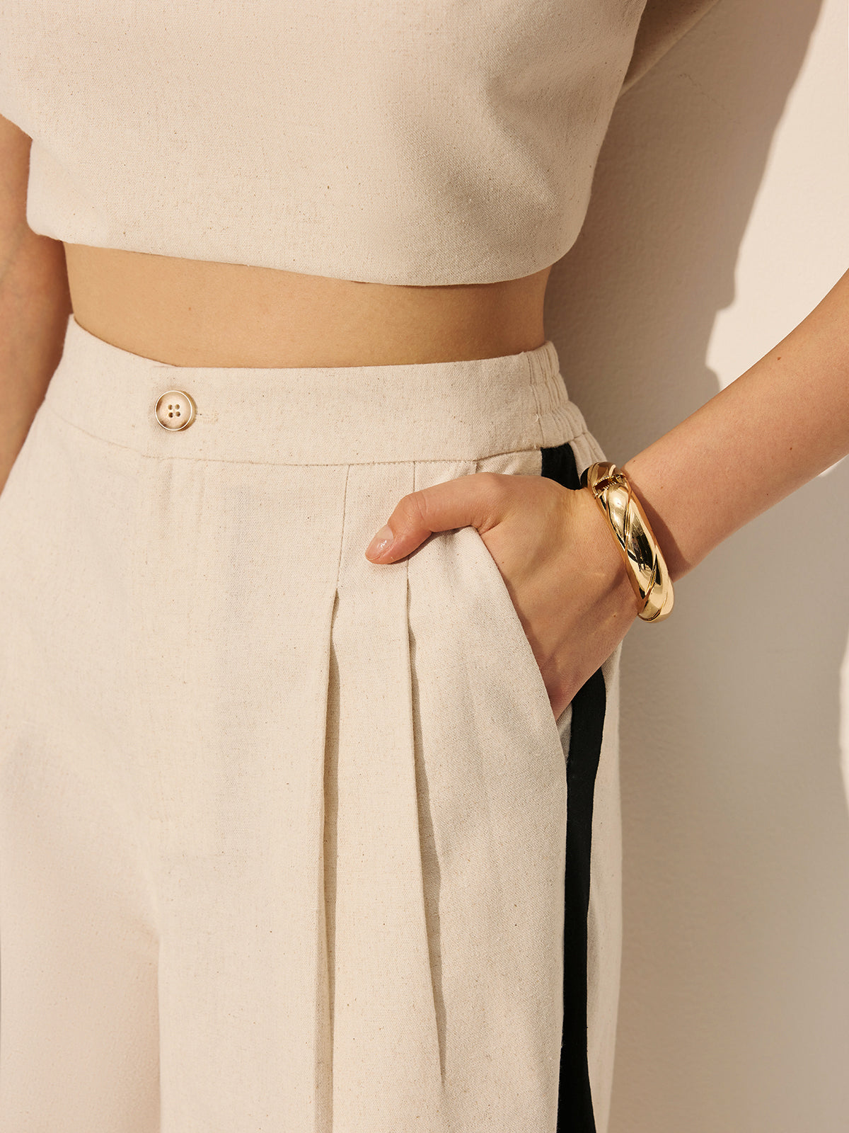 Leinen-Baumwoll Hose mit Kontrastnaht und Reißverschluss