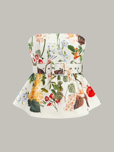 Schulterfreies Blumen-Peplum-Top mit Gürtel – Sommerbluse