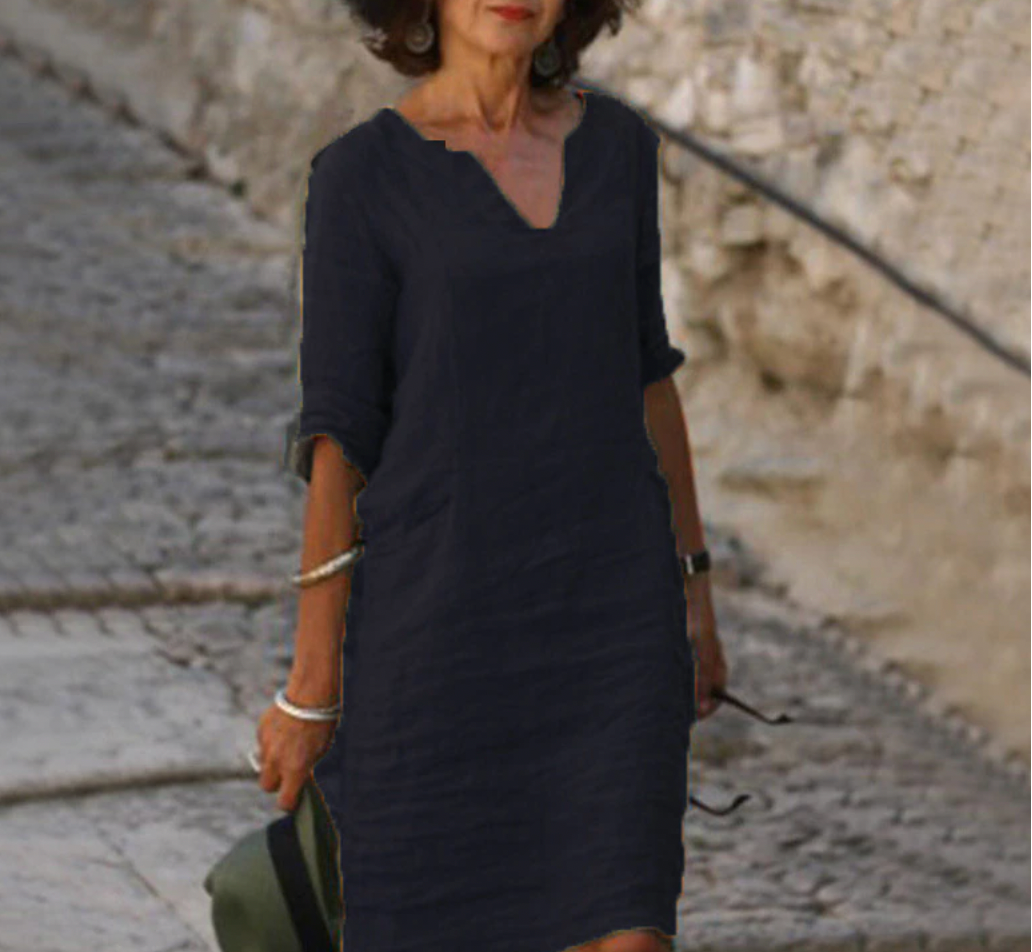 V-Ausschnitt Leinen-Midikleid für Damen