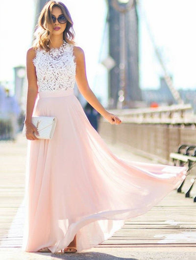 Heidi-Mode | Lange Brautjungfernkleid Spitze Chiffon Fluid Rundhals Ärmellos Elegant Rosa und Weiß