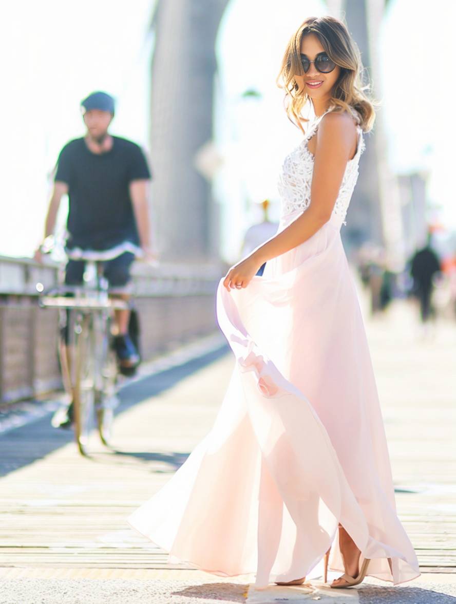 Heidi-Mode | Lange Brautjungfernkleid Spitze Chiffon Fluid Rundhals Ärmellos Elegant Rosa und Weiß