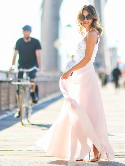 Heidi-Mode | Lange Brautjungfernkleid Spitze Chiffon Fluid Rundhals Ärmellos Elegant Rosa und Weiß