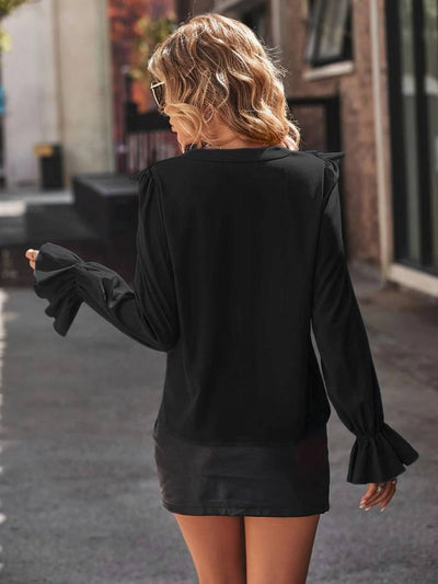 Heidi-Mode | Bluse mit Rüschen V-Ausschnitt Jabot Knopfleiste Ausgestellte Ärmel Lange Ärmel Damen Sanft Elegant