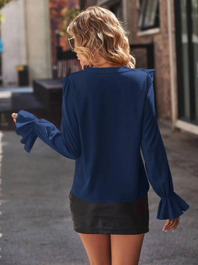 Heidi-Mode | Bluse mit Rüschen V-Ausschnitt Jabot Knopfleiste Ausgestellte Ärmel Lange Ärmel Damen Sanft Elegant