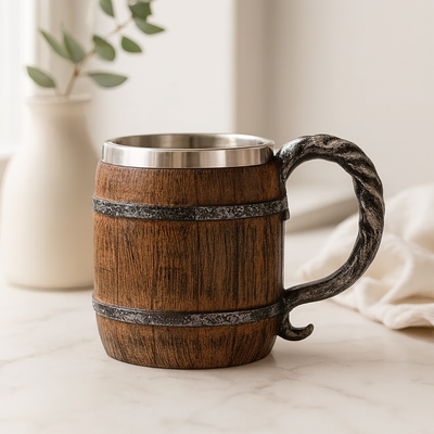 Handgemachter Holzfass-Bierkrug – Edelstahl & Wasserdicht, Ideal für Oktoberfest