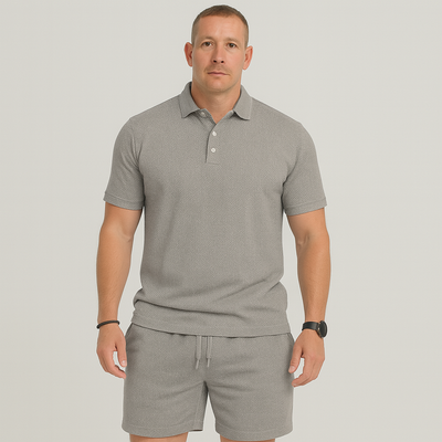 Herren Sommer Casual Set – Leichtes Oberteil mit Golfkragen und einfarbige Shorts mit Taschen