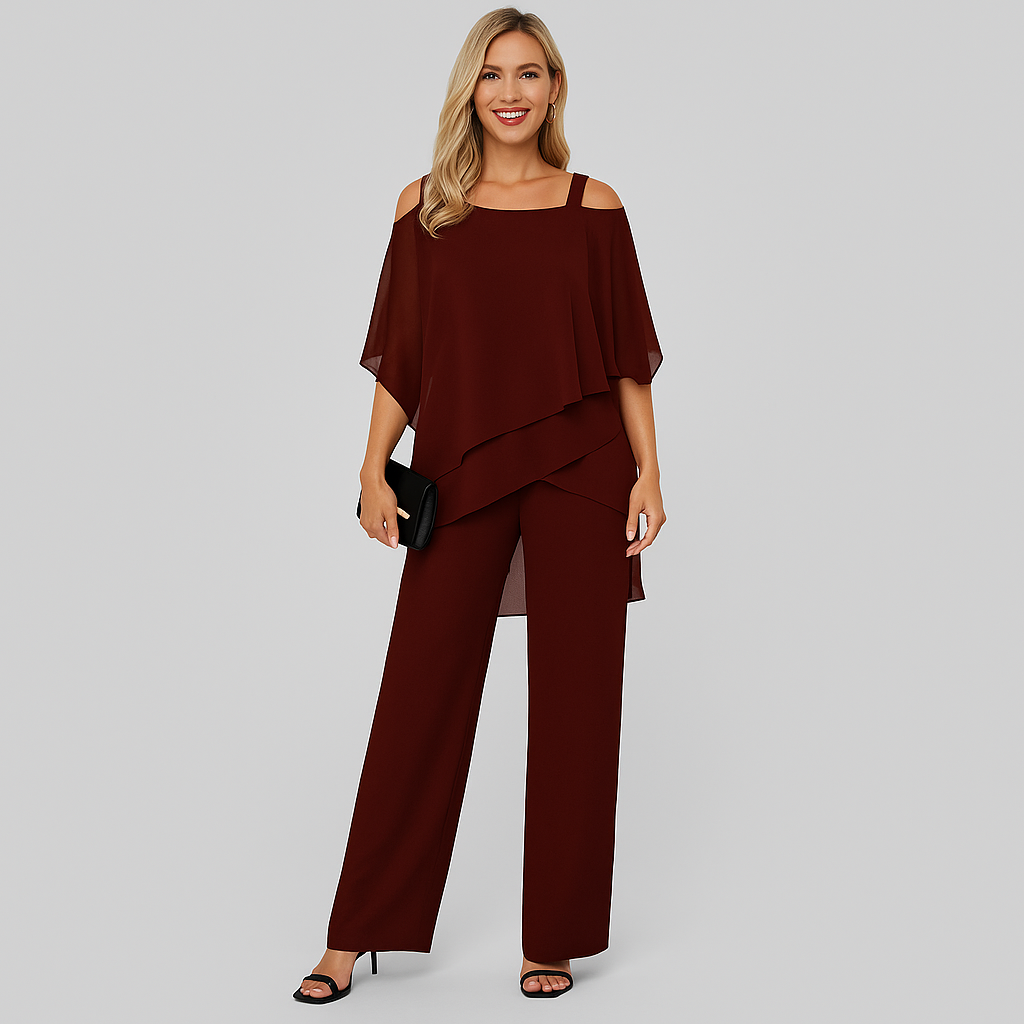 Damen-Zweiteiler – Eleganter Jumpsuit mit schulterfreier Bluse