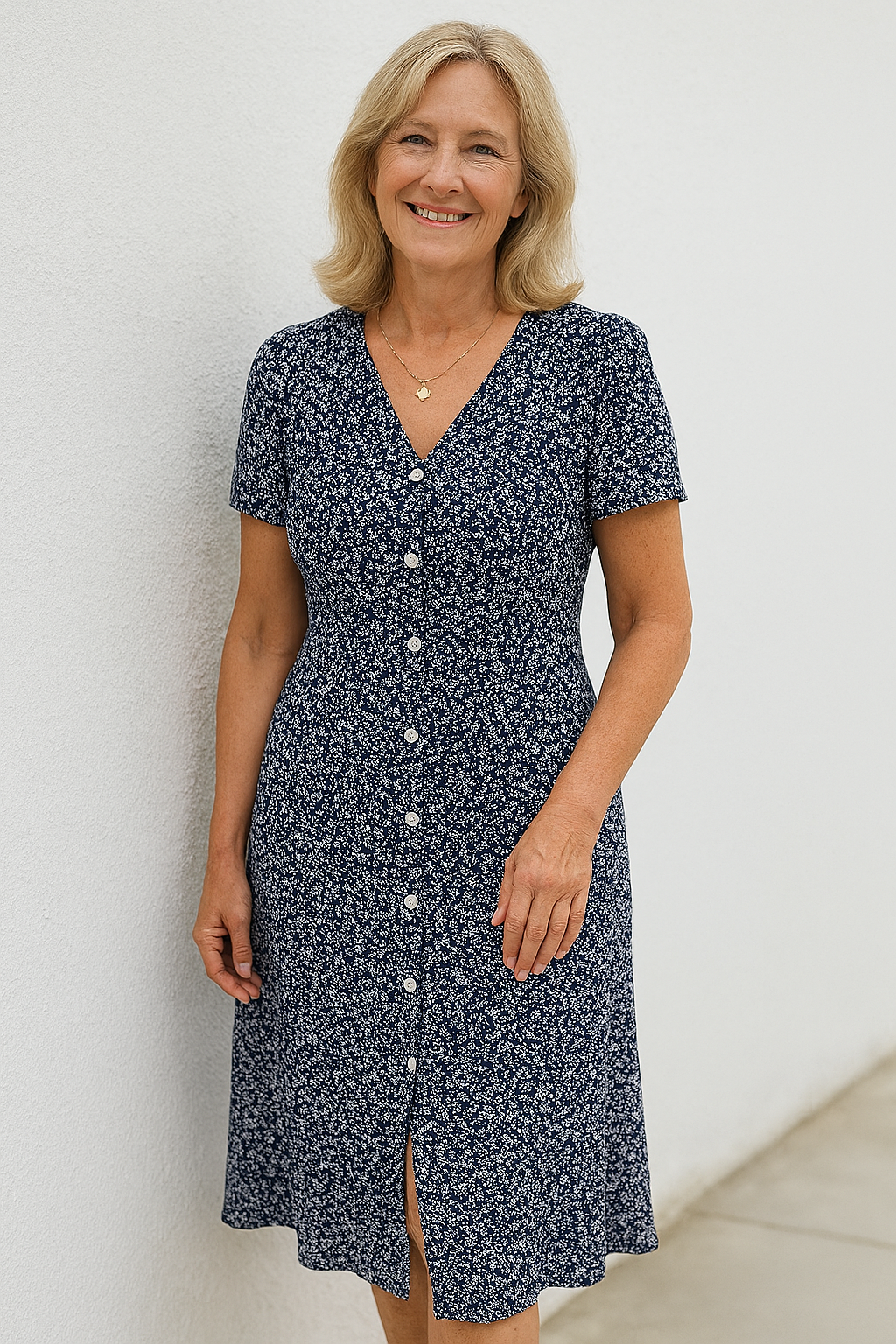 Rayella – Midikleid Mit V-Ausschnitt Und Knopfleiste