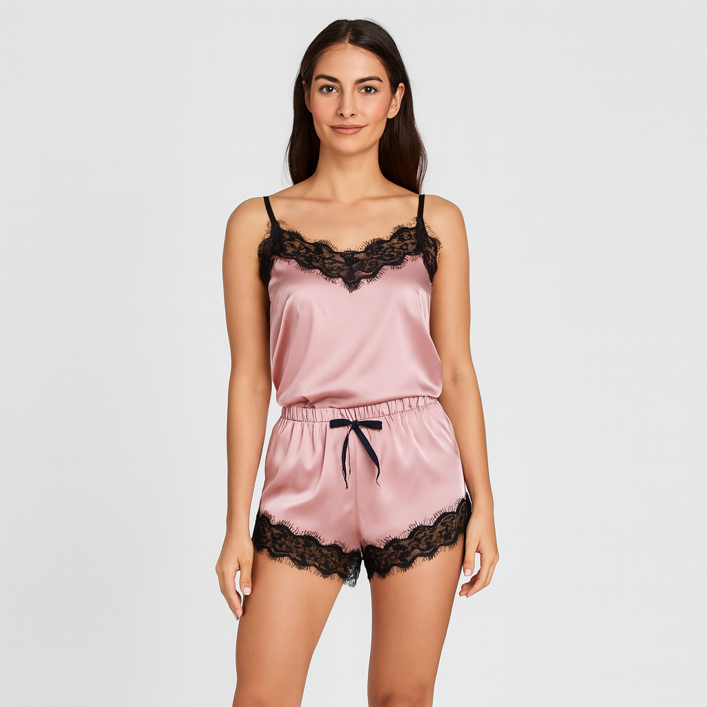 Gestreiftes Pyjama-Set für Damen – V-Ausschnitt-Top mit Satin-Shorts