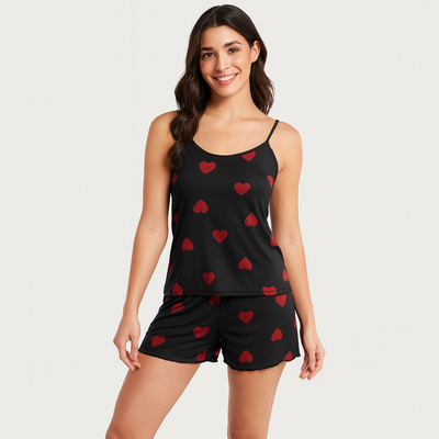 Damen-Pyjama-Set – Shorts & Top mit süßem schwarzen Herz-Print
