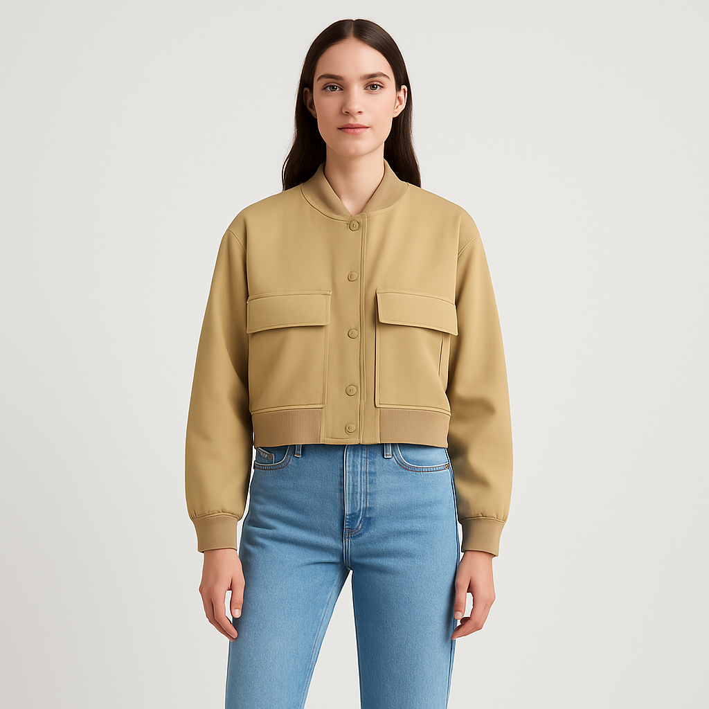 Beige weicher Fliegerjacke für Damen – Lässiger und bequemer Look