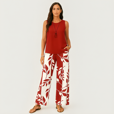 Lässiges 2-teiliges Damen-Set – Einfarbiges ärmelloses Oberteil und geblümte Hose mit weitem Bein