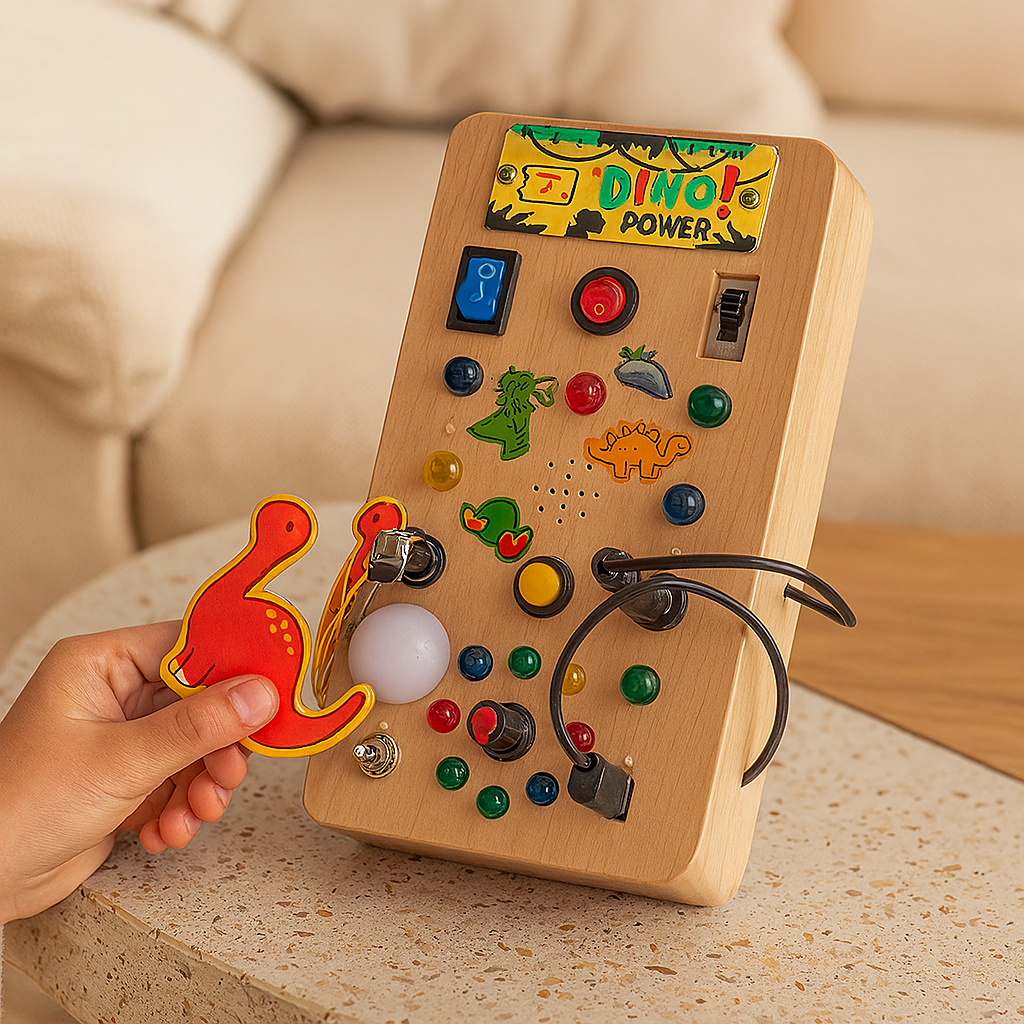 Dinosaurier-Aktivitätsspielzeug aus Holz – Lernschachspiel mit Lichtern, Musik und Sensoren