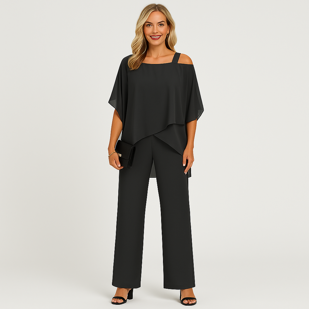 Damen-Zweiteiler – Eleganter Jumpsuit mit schulterfreier Bluse