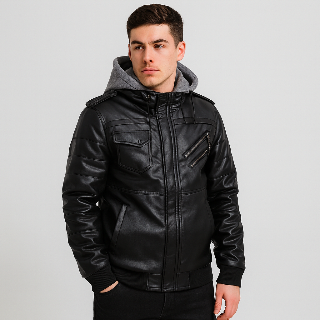 Damon Herren PU-Lederjacke – Urbaner Mantel mit Kapuze und vielen Taschen