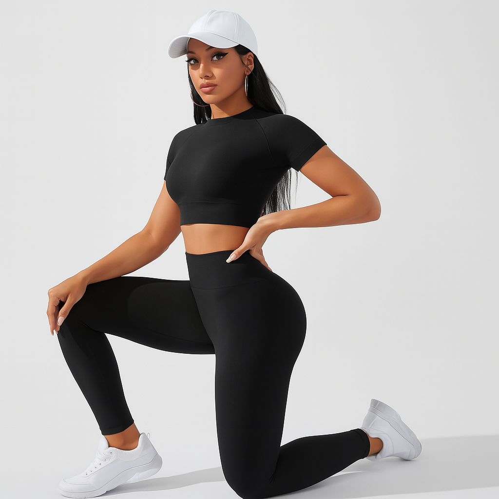 Damen Sportset 2-teilig – Kurzarm Top & High Waist Leggings für Yoga & Pilates