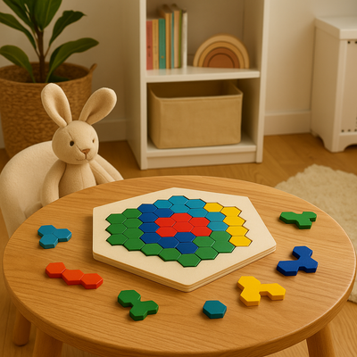 HexaFun 3D sechskantiges Holzpuzzlespiel – Pädagogisches STEM-Spielzeug für Kinder