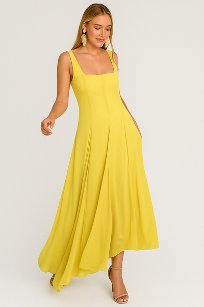 Elora Boho-Chic Lange Sommerkleid mit Trägern und quadrilliertem Halsausschnitt