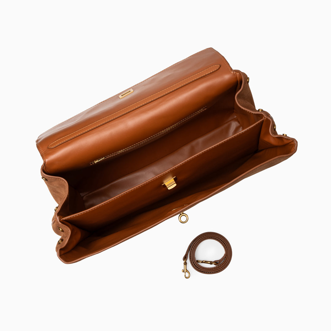 Clara – Elegante Damenhandtasche aus dunkelbraunem Wildleder mit goldfarbenem Drehverschluss