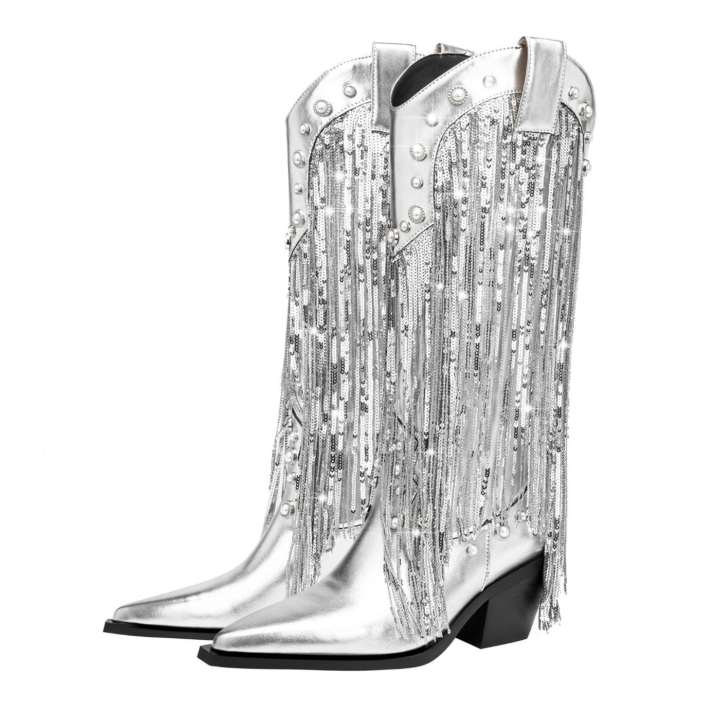 Damen Cowboystiefel Leder Boho Stil mit Fransendetails und Blockabsatz