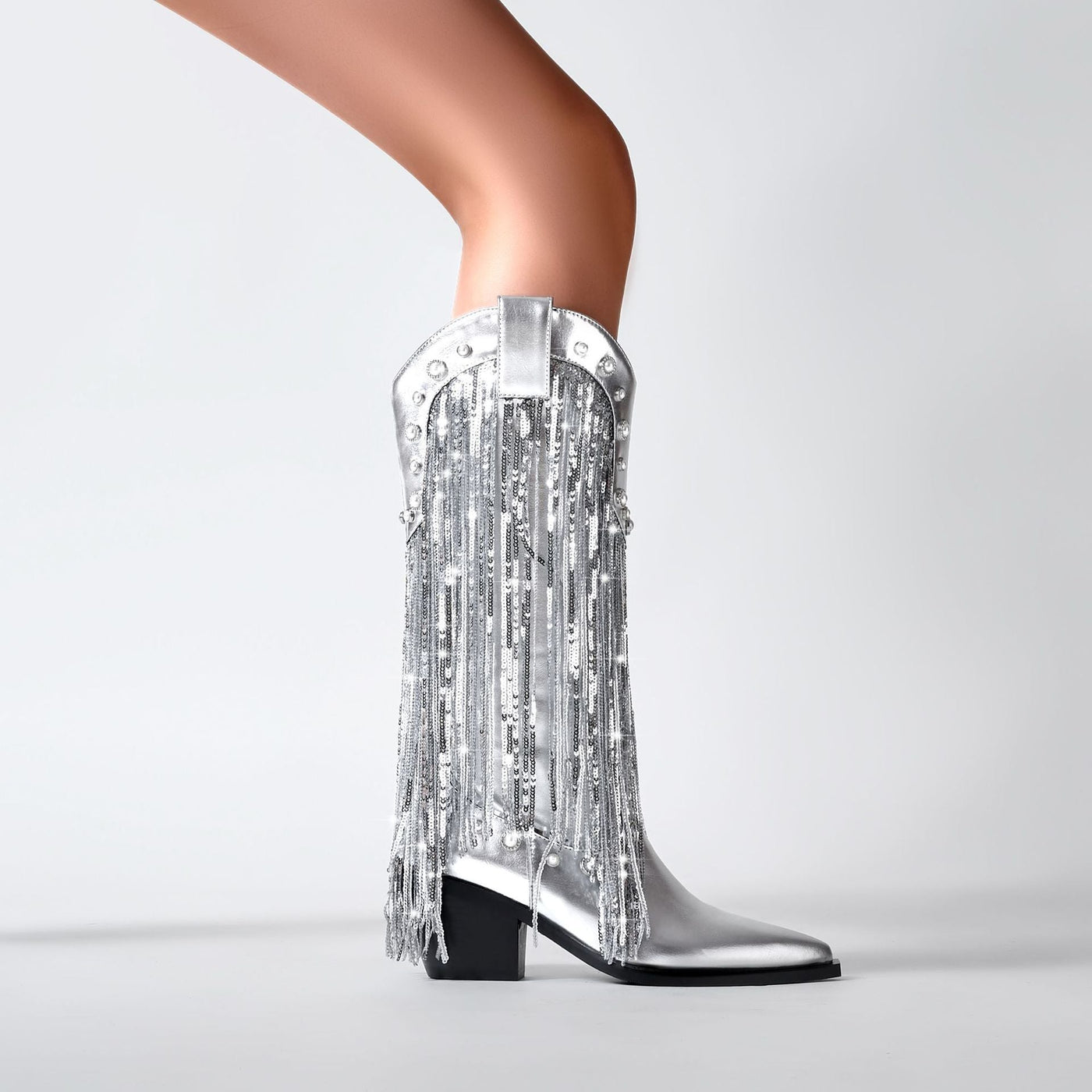 Damen Cowboystiefel Leder Boho Stil mit Fransendetails und Blockabsatz