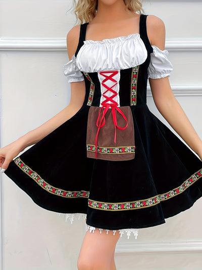 Damen Dirndl Kleid Schulterfrei Trachtenkleid mit Fließendem Rock für Oktoberfest