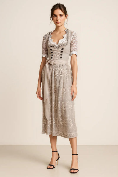 Damen Dirndlkleid Baumwolle mit Schnürmieder und Spitzenbluse, Traditionelles Design, Eleganter Blumendruck