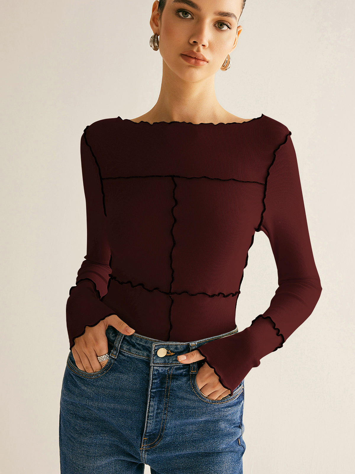 Damen Langarmshirt Baumwolle Lyocell Slim Fit mit Lettuce Trim