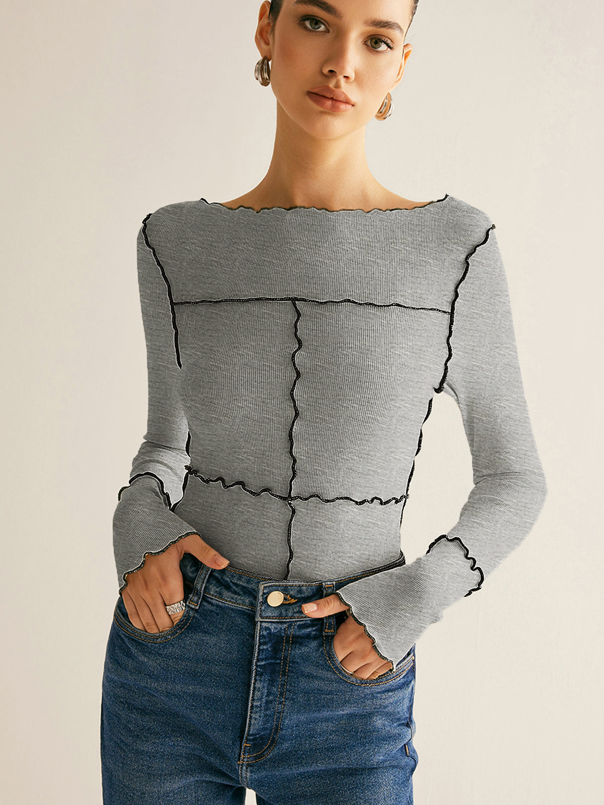 Damen Langarmshirt Baumwolle Lyocell Slim Fit mit Lettuce Trim